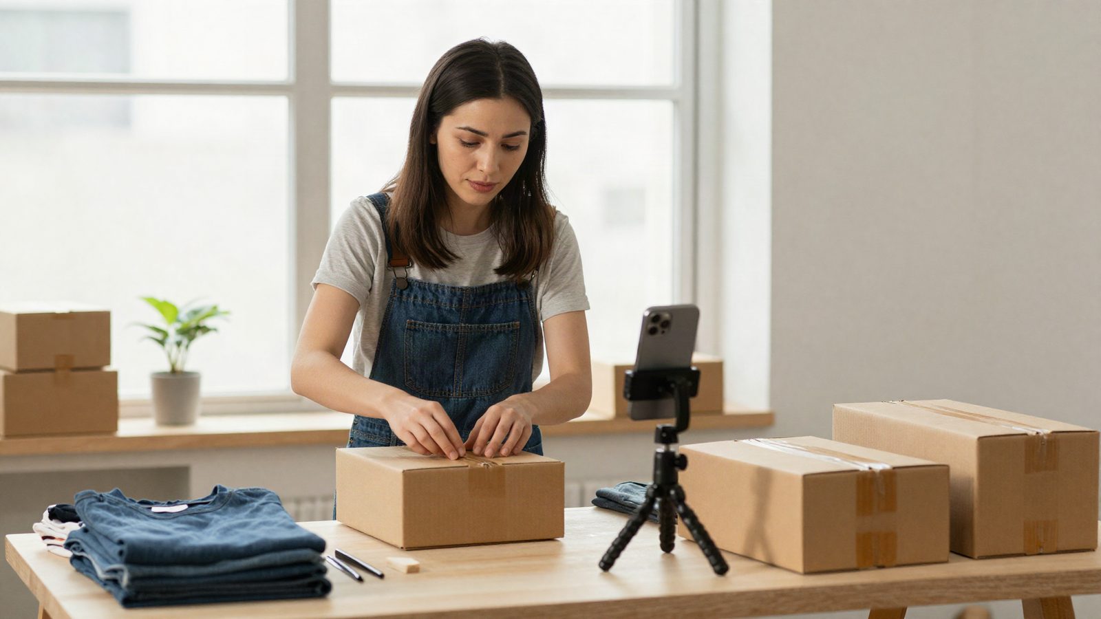 A seller packing an order