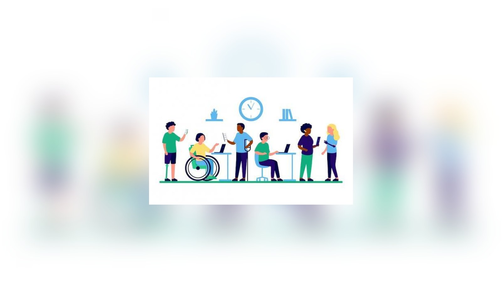 Illustration: six people in an office, including a wheelchair user, someone with a prosthetic leg and someone with a crutch, working with phones, a tablet and laptops