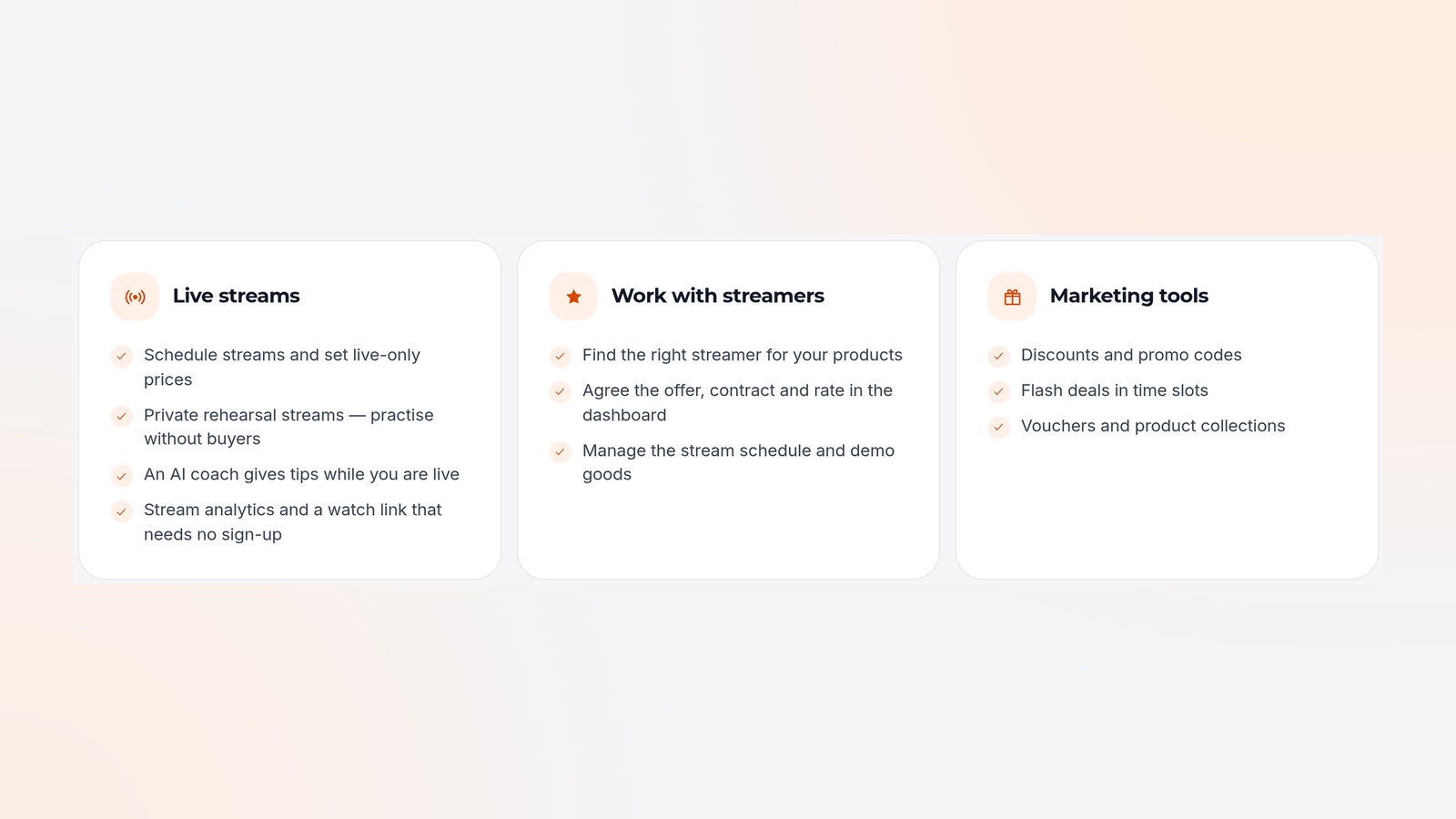 Seller dashboard tools: live streams, working with streamers and marketing (sample screen)