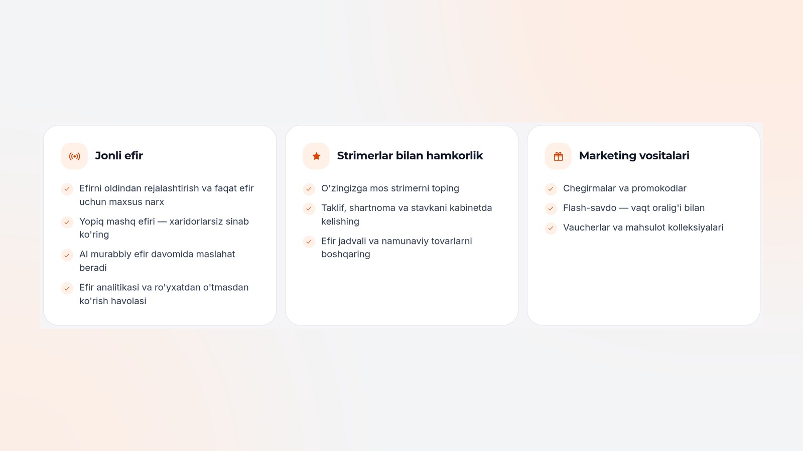 Sotuvchi kabinetidagi vositalar: jonli efir, strimerlar bilan hamkorlik va marketing (namunaviy koʻrinish)