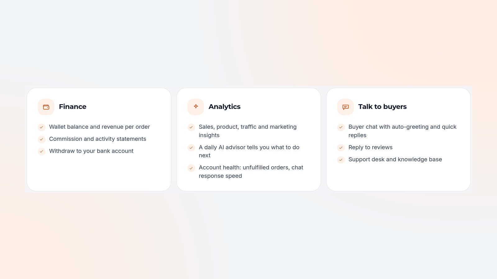 Seller dashboard tools: finance, analytics and talking to buyers (sample screen)