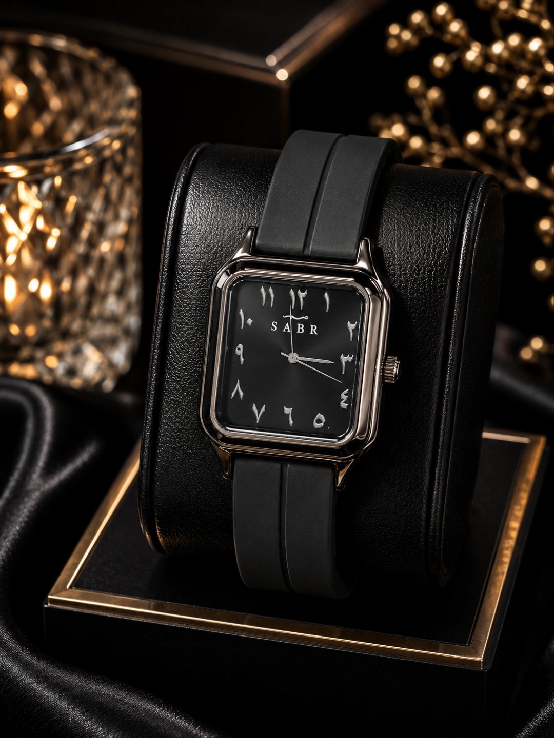 SABR quartz wristwatch with a square Arabic-numeral dial and black strap