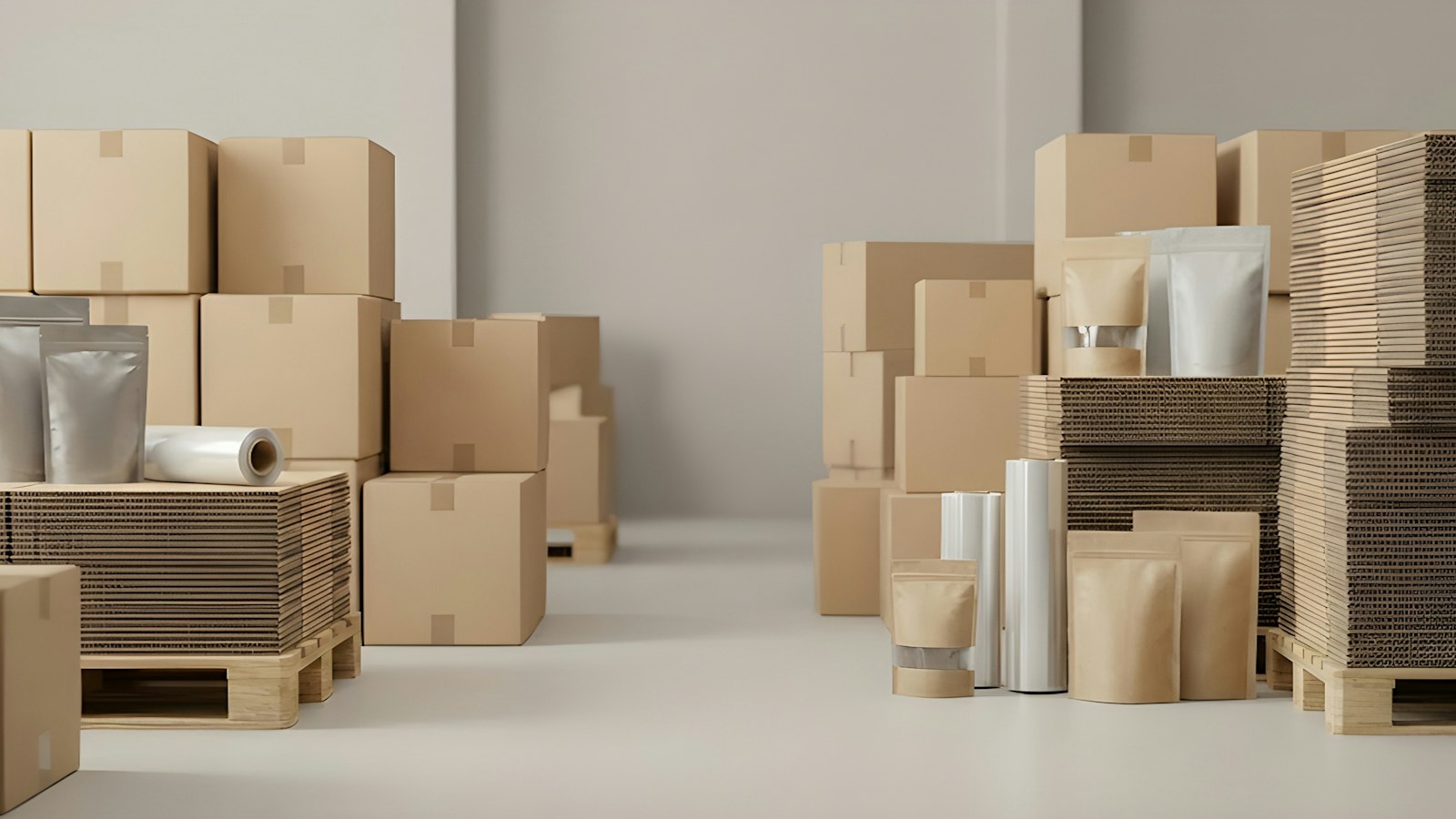 Cardboard boxes and packaging in a warehouse before dispatch