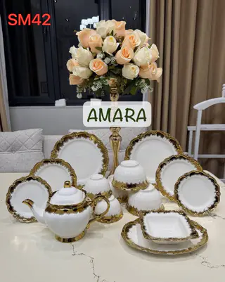 Porcelain dish set 64 pieces, with gold trim, with titanium effect