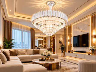 Modern White and Gold Chandelier with Crystal Pendants — photo 2