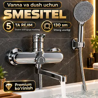 Bath and Shower Mixer Tap, Long Spout, 5-Mode Hand Shower, 150 cm Hose