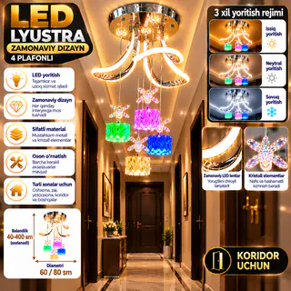 Zamonaviy LED shiftli lyustra, 4 ta rangli kristall plafonli