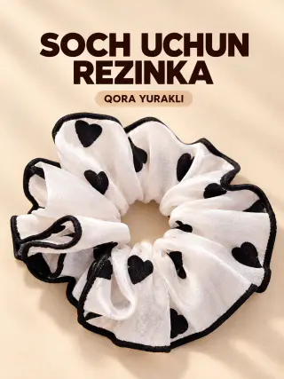 Ayollar uchun qora yurak naqshli oq shifon soch rezinkasi