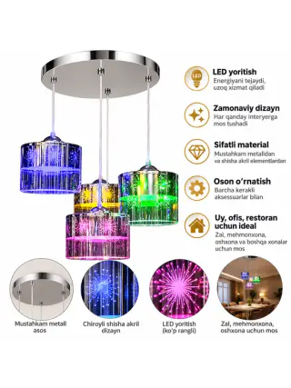 Zamonaviy LED shiftli lyustra, 4 ta rangli kristall plafonli