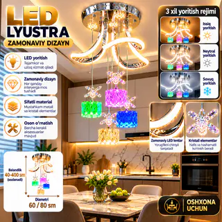 Zamonaviy LED shiftli lyustra, 4 ta rangli kristall plafonli — 2-rasm
