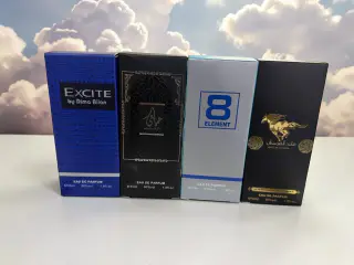 Premium perfume set - Excite, Hayaati, 8 Element, Qaed Al Fursan (4 pieces) / White