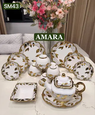 Porcelain dish set 64 pieces, with gold trim, with titanium effect — photo 2