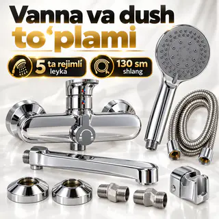 Vanna va dush uchun smesitel, uzun jo‘mrak, 5 rejimli leyka, 150 sm shlang — 3-rasm